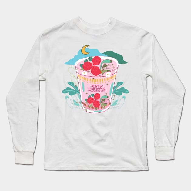 Nissin Ramen Cup Noodle Peony Flowers Pop Art Long Sleeve T-Shirt by Dear Fawn Studio